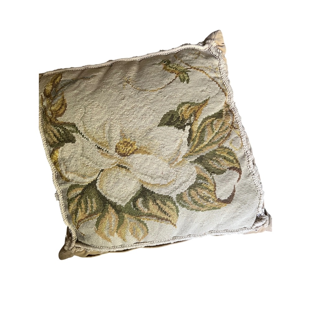 Vintage Needlepoint Magnolia Hummingbird Floral Throw Pillow Velvet Back 18x18